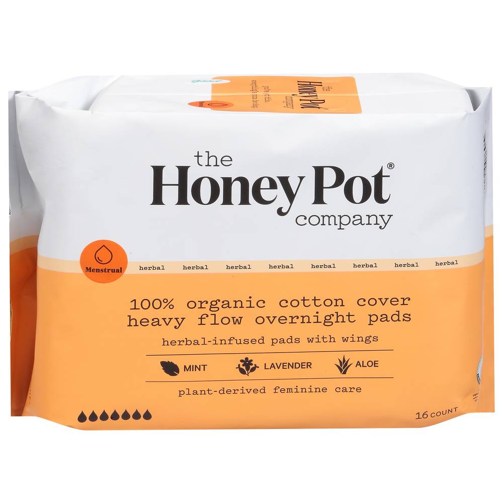 The Honey Pot 100 % Cotton Cover Organic Heavy Flow Overnight Pads With Wings (16 ct)