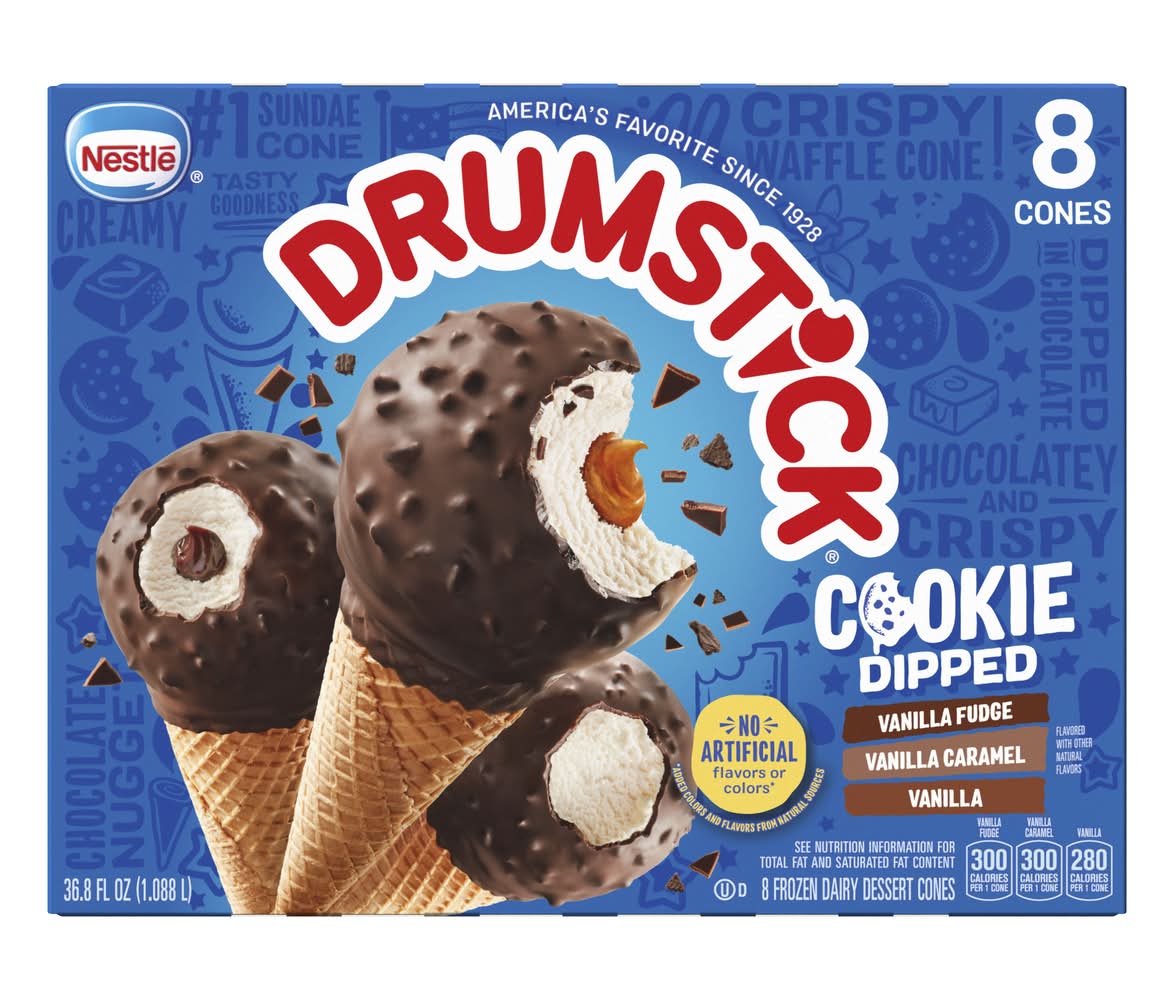 Drumstick Cookie Dipped Dairy Dessert Cones, Vanilla Fudge-Vanilla Caramel-Vanilla (36.8 fl oz, 8 ct)