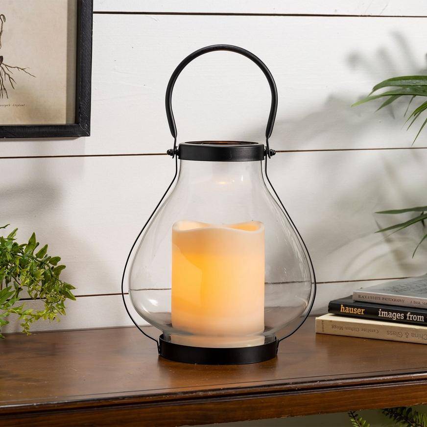 Schoolhouse LED Candle Metal Glass Lantern, 8.25in x 10.25in
