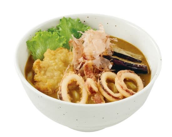 冷やしカレーうどん（鶏天付）+�ハーフイカ Chilled curry udon (with a chicken tempura) with squid (half)