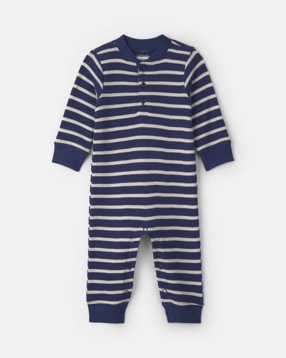 Baby Boy Striped Thermal Long-Sleeve Jumpsuit - Navy Blue - 12M