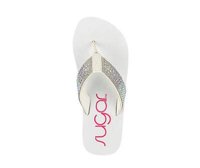 Women's 8 White Gem-Accent Wedge Thong Sandal