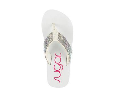 Women's 6 White Gem-Accent Wedge Thong Sandal