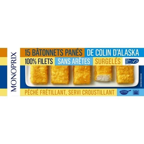 Monoprix Bâtonnets Panés De Colin D'Alaska Sans Arêtes, 100% Filets Surgelés La Boite De 15, 450G