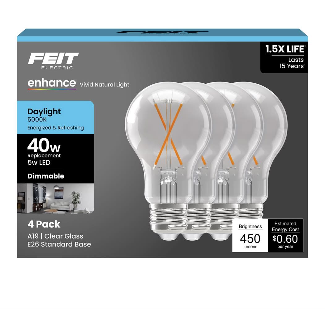 Feit Enhance A19 E26 (Medium) Filament Led Bulb Daylight 40 Watt Equivalence 4 Pk