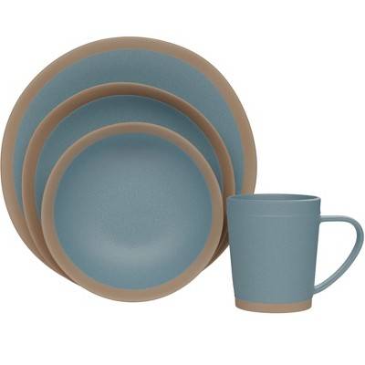 American Atelier 4 Pc Dinnerware Set w/ Terra Cotta Bottom, Dinner Plate, Side Plate, Bowl, and Mug, Microwave and Dishwasher Safe, Blue