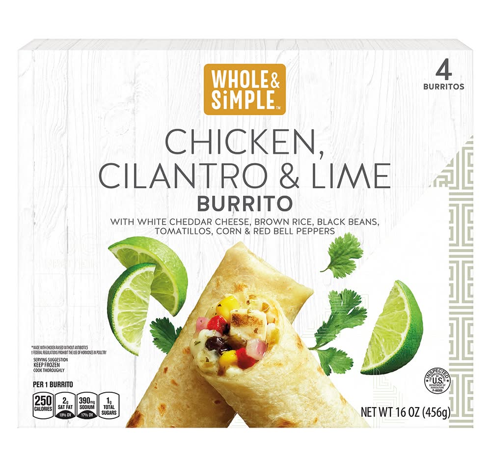 Whole & Simple Burritos, Chicken Cilantro & Lime (16 oz, 4 ct)