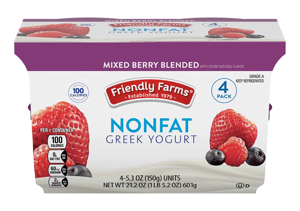 Friendly Farms Nonfat Greek Yogurt, Mixed Berry (4 x 5.3 oz)