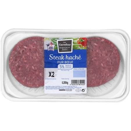 Steaks hachés pur bœuf 5% MG CARREFOUR - la barquette de 2 - 250g