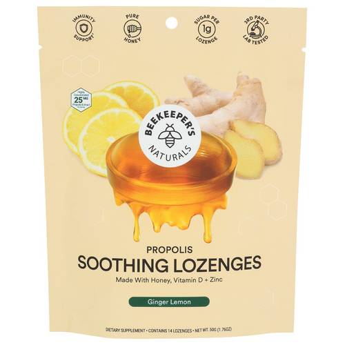Beekeepers Ginger Lemon Propolis Soothing Lozenges With Honey Vitamin D + Zinc 14 Count