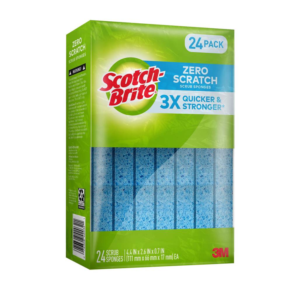 Scotch-Brite Zero Scratch Scrub Sponges, 4.4 In x 2.6 In x 0.7 In, Blue (100 g, 24 ct)