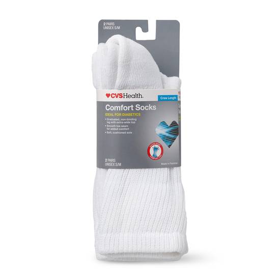 CVS Health Crew Comfort Socks for Diabetics, 2 Pairs, White, S/M