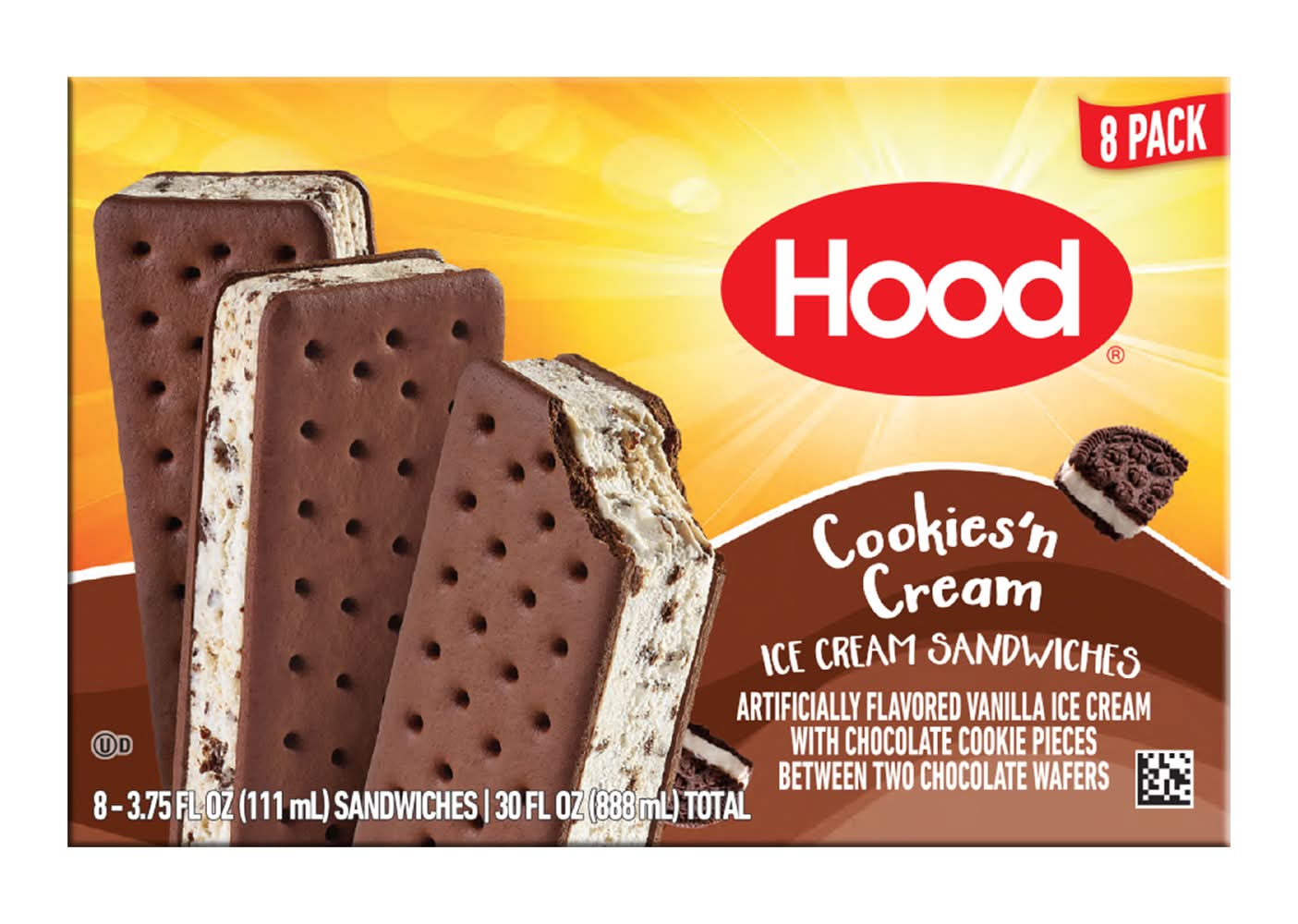 Hood Cookies & Cream Ice Cream Sandwiches (3.75 fl oz, 8 ct)
