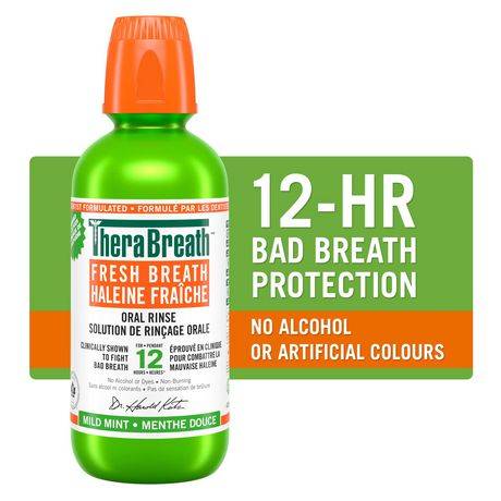 Solution de rinçage orale TheraBreath Haleine fraîche – Menthe douce, combat la mauvaise haleine, certifié végétalien, sans gluten et casher, rince-bouche 473 ml