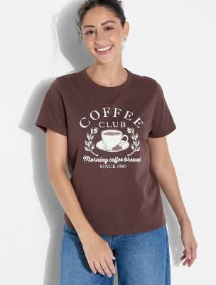 Modern Lux Coffee Club Easy Short Sleeve Graphic T-Shirt, Women, XL, Brown