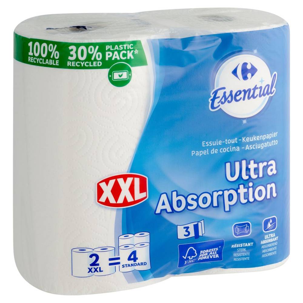 Carrefour Essuie-Tout Ultra Absorption 3-Épaisseurs 2 XXL Rouleaux