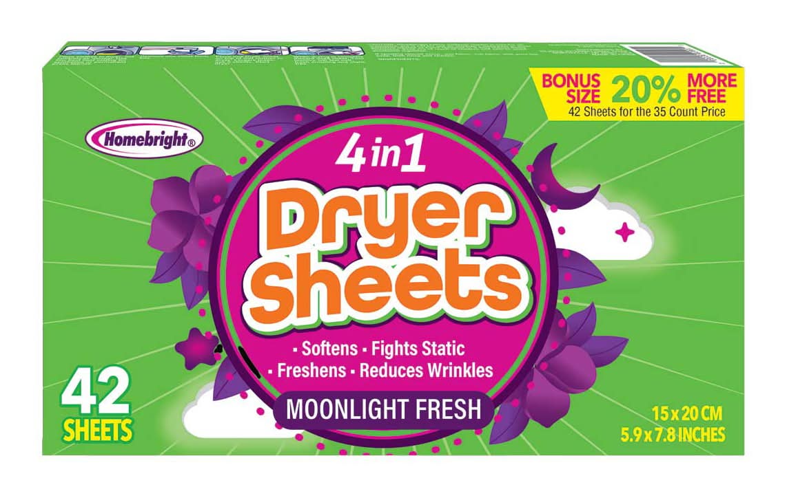 Homebright 4 In 1 Dryer Sheets, Moonlight Fresh, 5.9x7.8 in (42 ct)