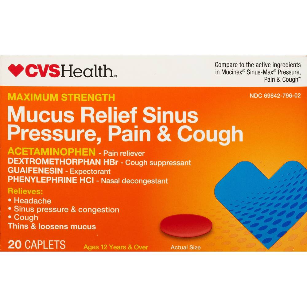 CVS Health Maximum Strength Sinus Relief Acetaminophen Caplets, Daytime + Nighttime, 20 CT