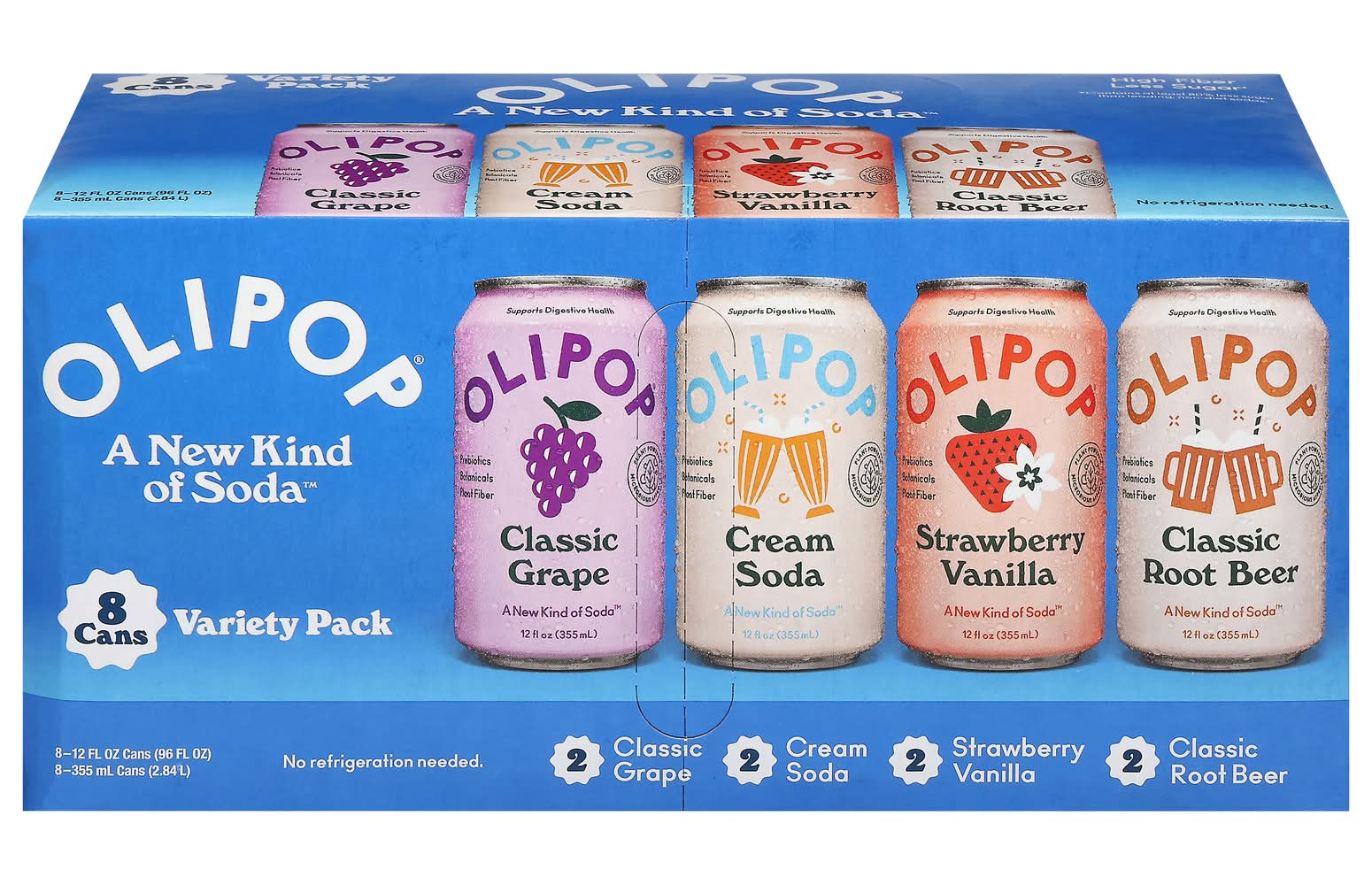 Olipop Soda Variety pack, Classic Grape-Cream Soda-Strawberry Vanilla-Classic Root Beer (8 x 12 fl oz)