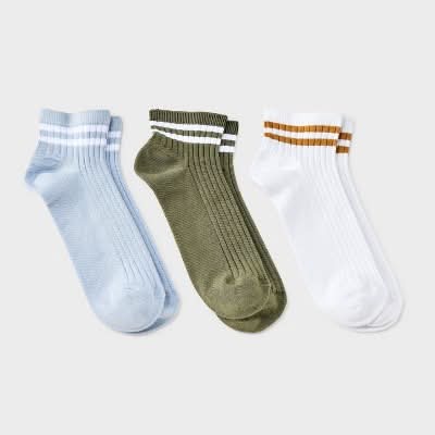 Women's Varsity Striped Ribbed 3pk Ankle Socks - Universal Thread™ Olive /White/Light Blue 4-10: Cotton Blend, Tagless, Smooth Toe Seams