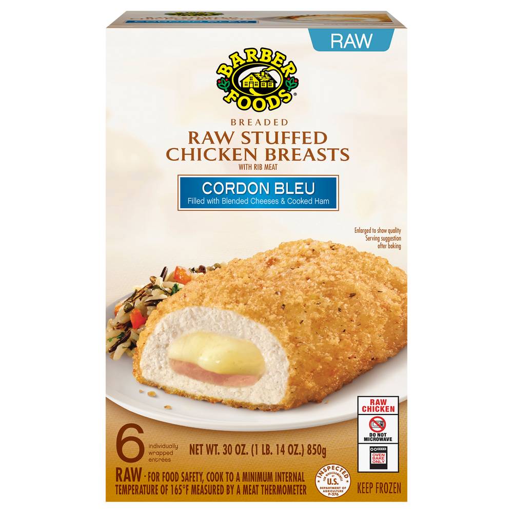 Barber Foods Breaded Raw Stuffed Chicken Breasts With Rib Meat Cordon Bleu (30 oz, 6 ct)