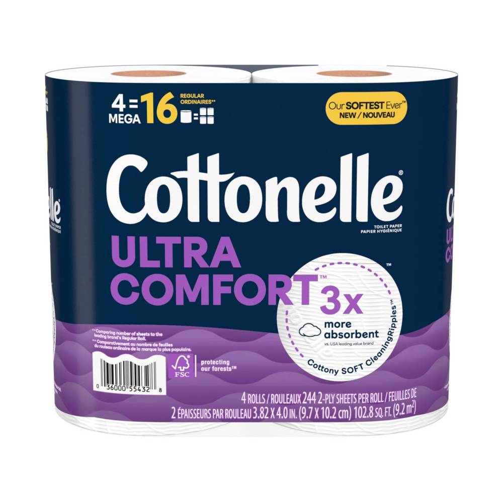 Cottonelle Ultra Comfort Toilet Paper, Strong Toilet Tissue, 4 Mega Rolls (4 Mega Rolls = 16 Regular Rolls), 268 Sheets Per Roll