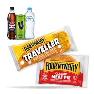 Crave and Save - Four n Twenty Pie, 600ml Mt Franklin, 250ml V Energy Drink or 600ml Pepsi