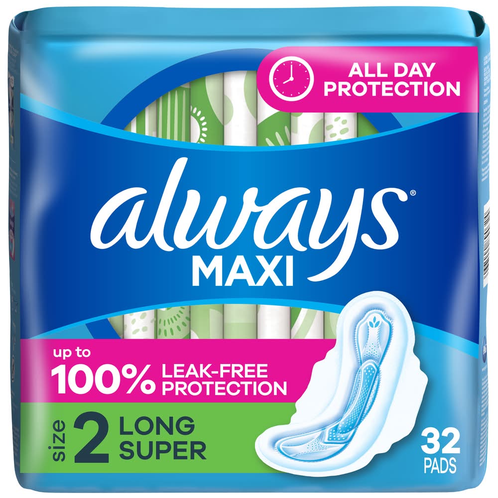 Always Maxi Long Super Pads With Wings, 2 (32 ct)