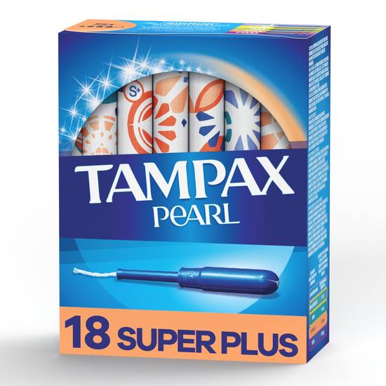 Tampax Pearl Tampons Super Plus Absorbency with LeakGuard Braid, Unscented, 18 Count