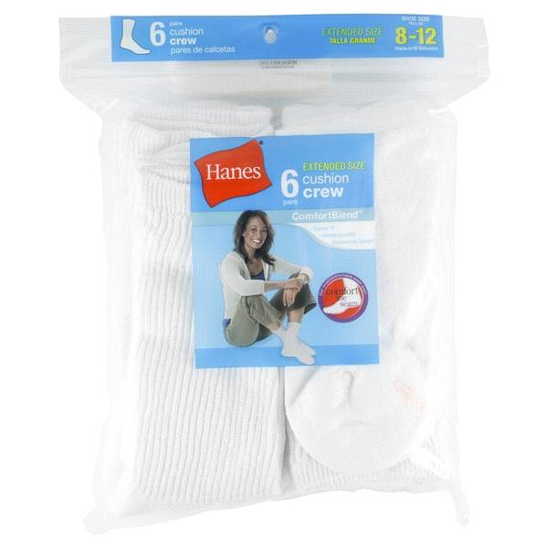 Hanes Womens Crew Sock Plus, 6 pk, White, Size 8-12