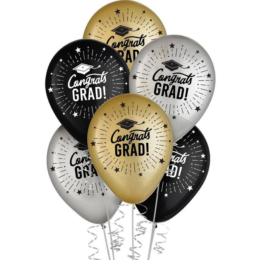Uninflated 15ct, 12in, Black, Silver Gold Congrats Grad Latex Balloons