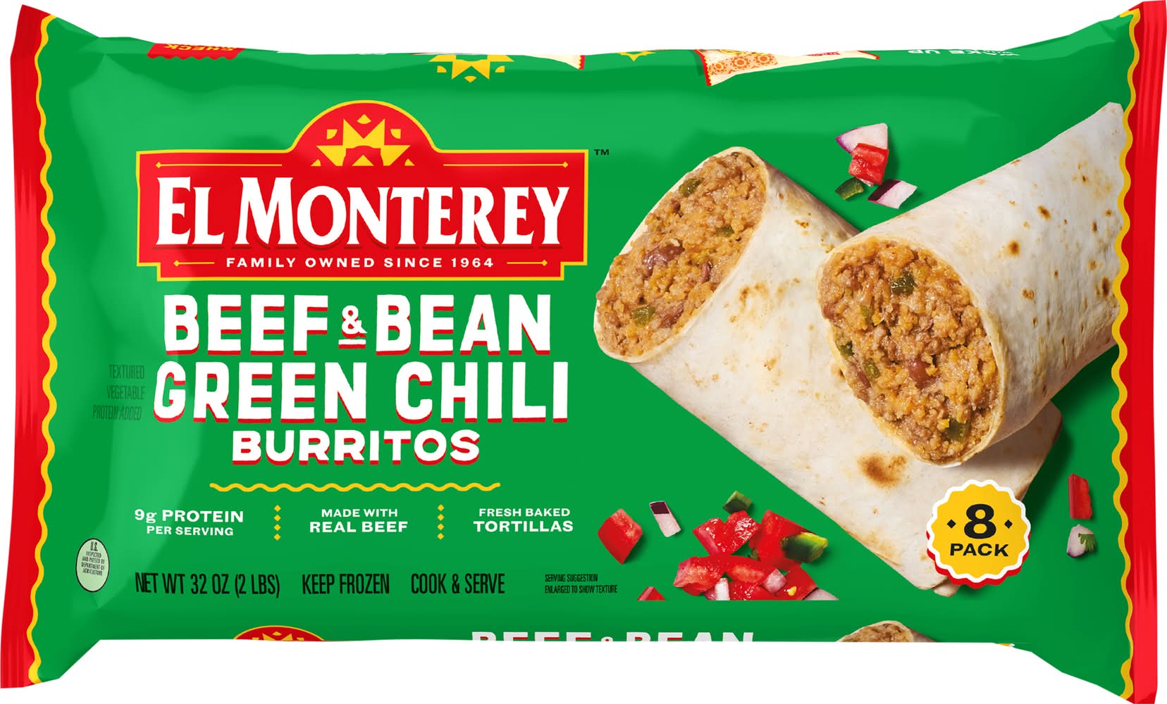 El Monterey Frozen Burritos, Beef & Bean Green Chili (2 lbs, 8 ct)