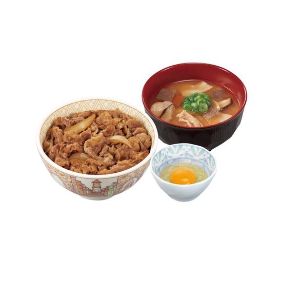 牛丼とん汁たまご��セットGyudon(Beef Rice Bowl) & Pork Miso Soup & Raw Egg