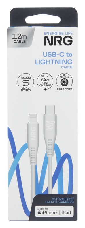 NRG Usb-C To Lightning Iphone Chargers Cable, 1.2 m, White