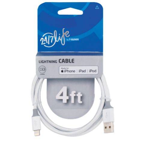 24/7 Life Braided Lightning Cable White 4ft