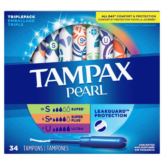 Tampax Pearl Tampons, Super/Super Plus/Ultra Absorbency with LeakGuard Braid, Triple Pack, Unscented, 34 Count
