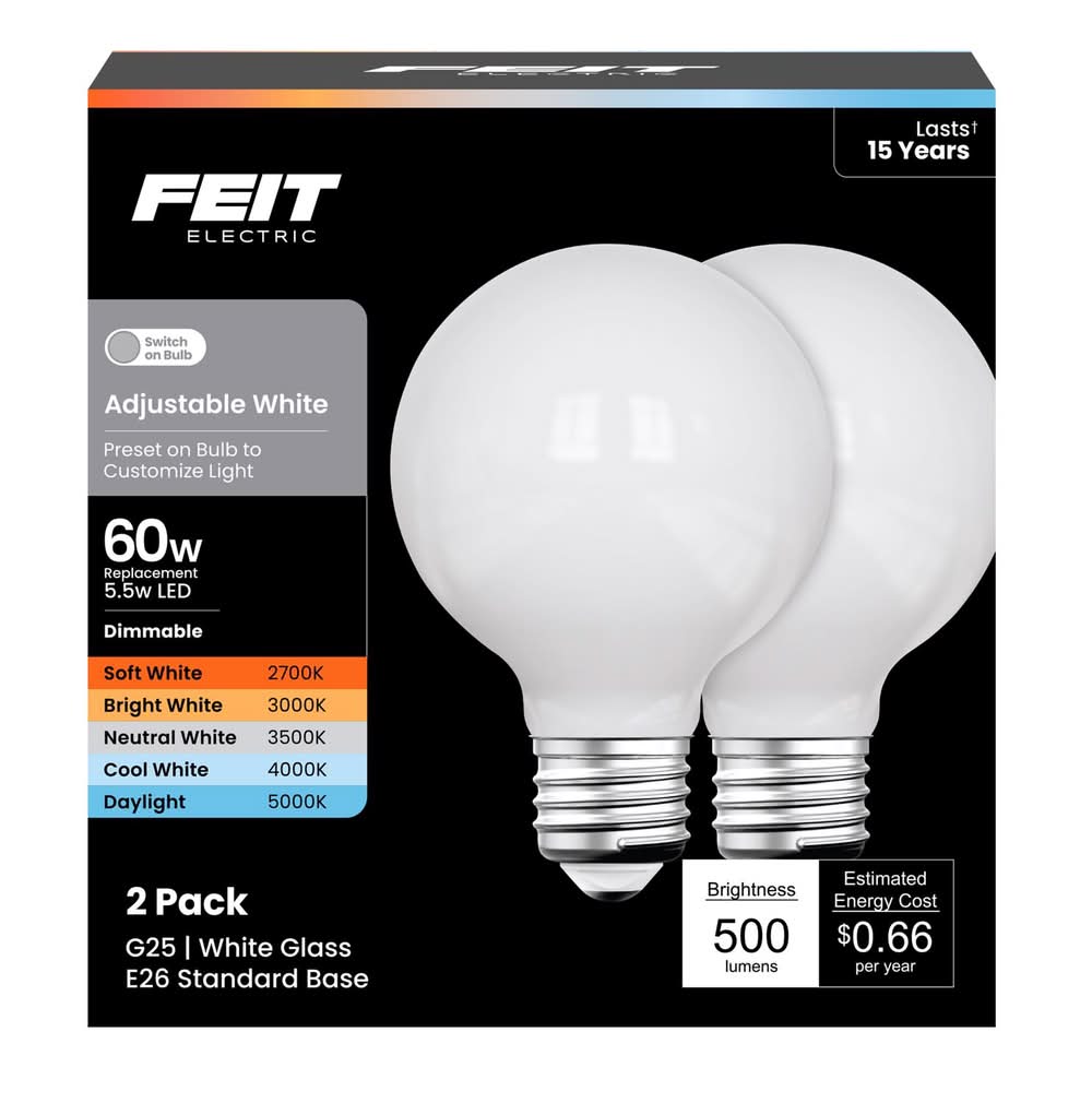 Feit Electric G25 E26 (Medium) Led Bulb Adjustable White 60 Watt Equivalence 1 Pk