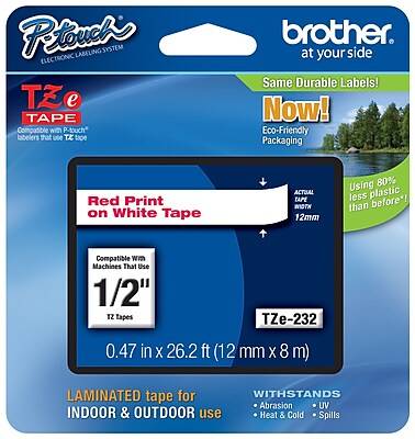 Brother P-touch TZe-232 Laminated Label Maker Tape, 1/2 x 26-2/10', Red On White (TZe-232)