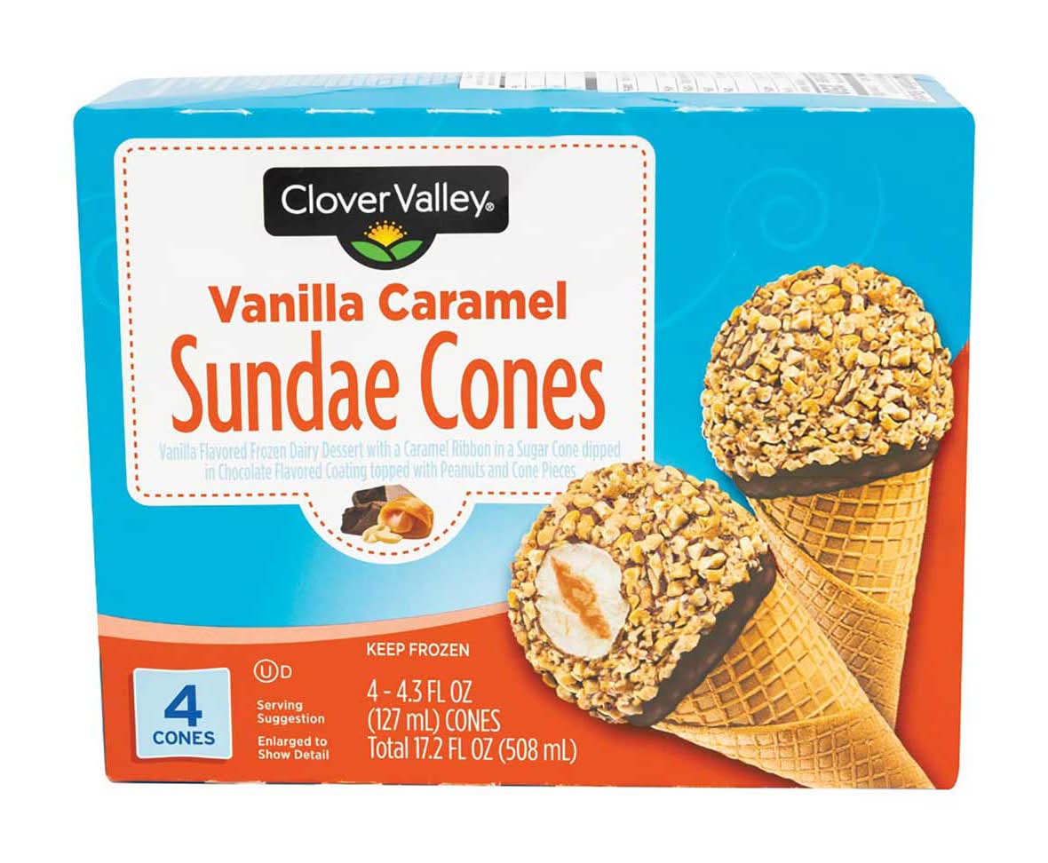 Clover Valley Dessert Sundae Cones, Vanilla-Caramel (4 x 4.3 fl oz)