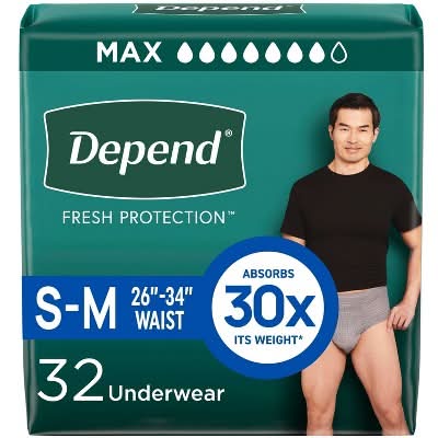 Depend Fresh Protection Adult Incontinence Disposable Underwear, Men, S/M, Gray (32 ct)