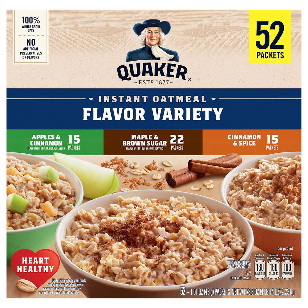 Quaker Instant Oatmeal Variety pack, Apples & Cinnamon-Maple & Brown Sugar-Cinnamon & Spice (52 x 1.51 oz)