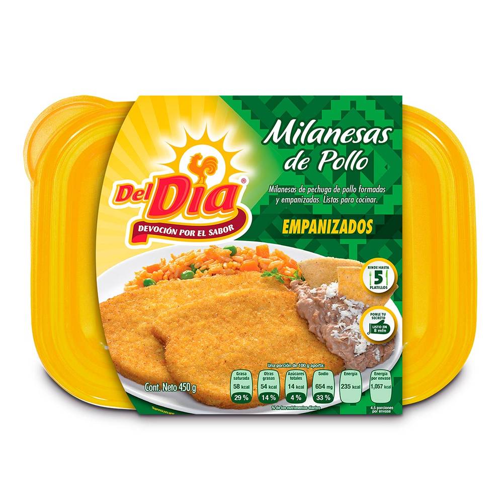 Del Día · Milanesas de pollo formadas y empanizadas listas para cocinar (450 g)