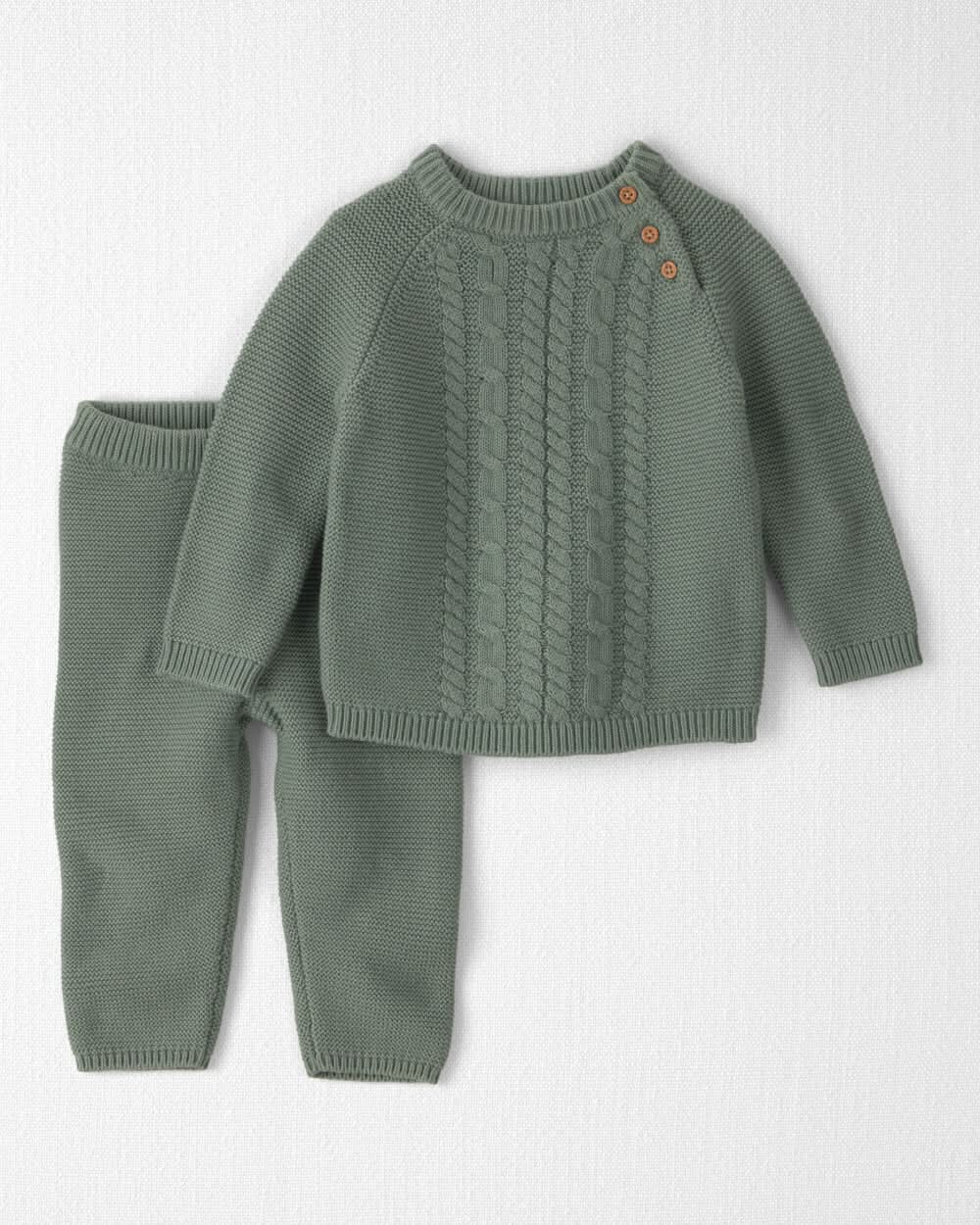 Baby 2-Piece Organic Cotton Cable Knit Top & Pant Set - Moss - 9M