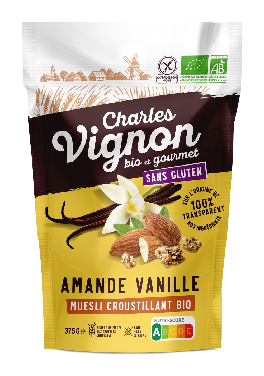 Charles Vignon - Céréales bio muesli croustillant amande vanille sans gluten bio (375g)