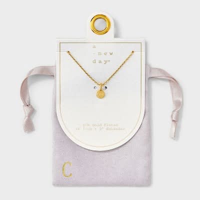 14K Gold Plated Round C Initial Necklace - A New Day™ Gold: Cable Chain, Spring Ring Clasp, Cubic Zirconia Stone
