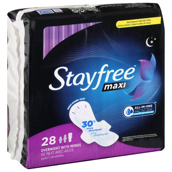 Stayfree Maxi, Overnight Pads With Wings, Unscented (28 ct)