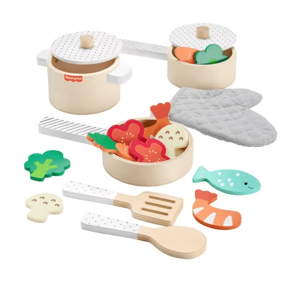 Fisher-Price · Set juguetes de cocina con ollas y sartenes de madera (19 un)