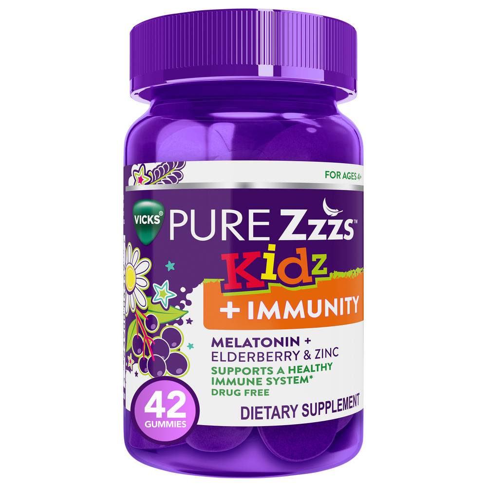 Vicks Pure Zzzs Gummies Kidz + Immunity Melatonin + Elderberry & Zinc Gummies (42ct)