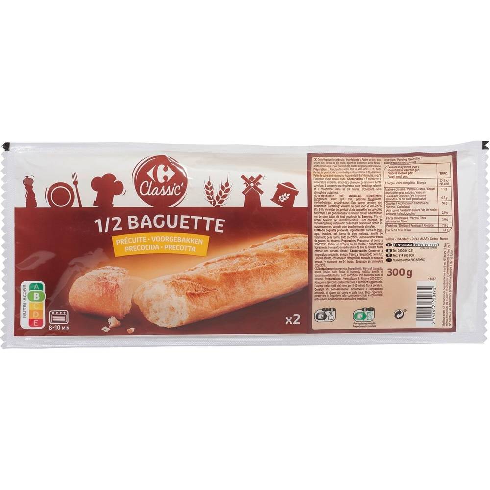 Demi-baguettes précuites CARREFOUR - les 2 baguettes de 150g