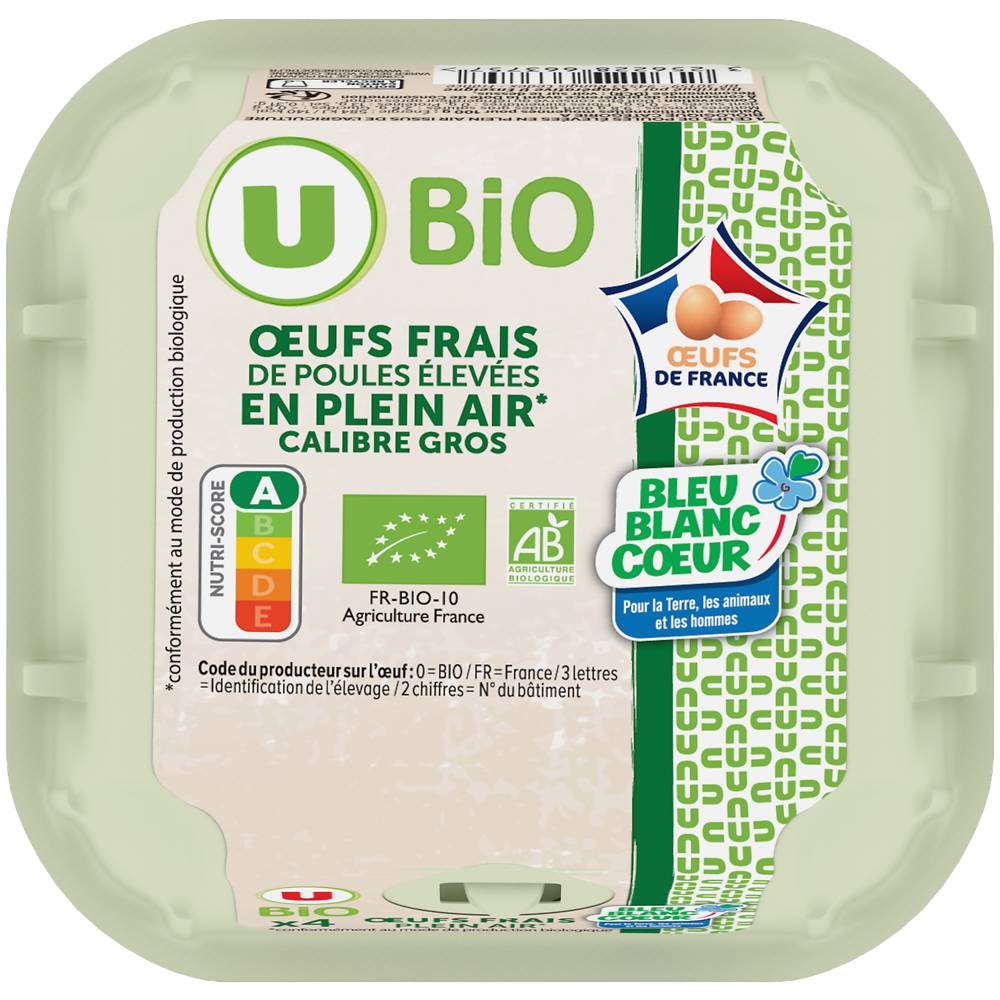 U - Bio gros oeufs plein air bleu blanc coeur (4 pièces)